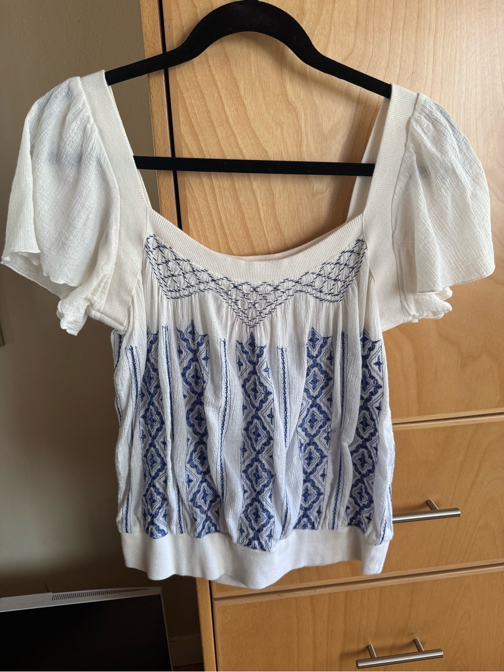 Free People Cream Top with Blue Embroidered Detail